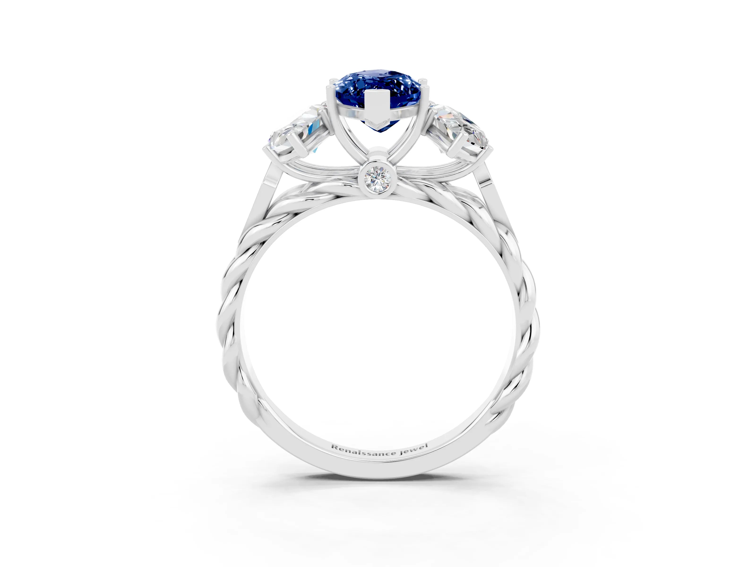 White gold Three-Stone Marquise Cut Blue Sapphire Braided Band Ring with Four-Prong Setting_15
