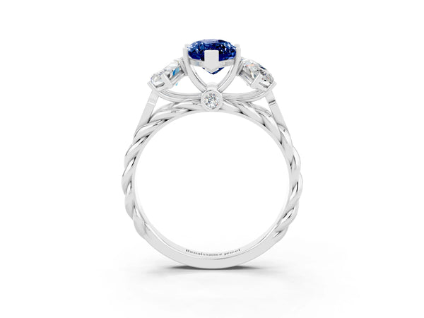 White gold Three-Stone Marquise Cut Blue Sapphire Braided Band Ring with Four-Prong Setting