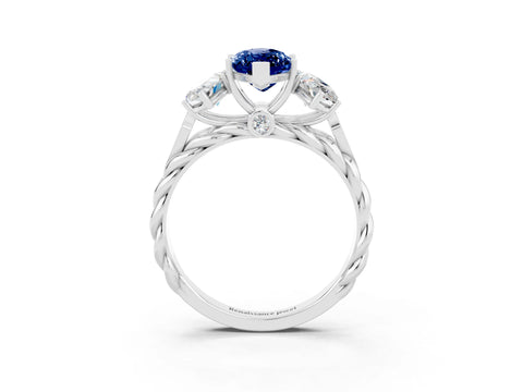 White gold Three-Stone Marquise Cut Blue Sapphire Braided Band Ring with Four-Prong Setting_15