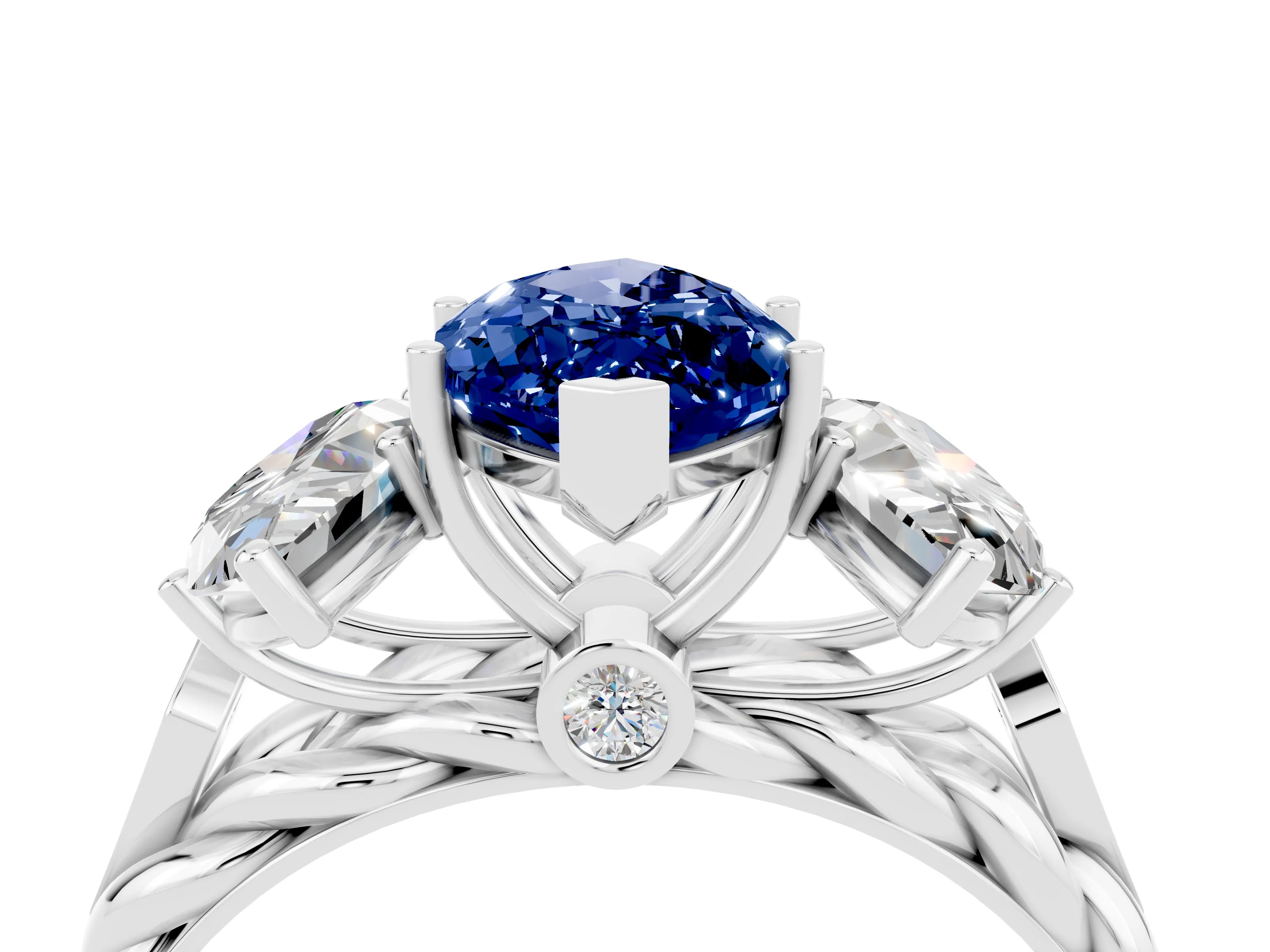 White gold Three-Stone Marquise Cut Blue Sapphire Braided Band Ring with Four-Prong Setting_16