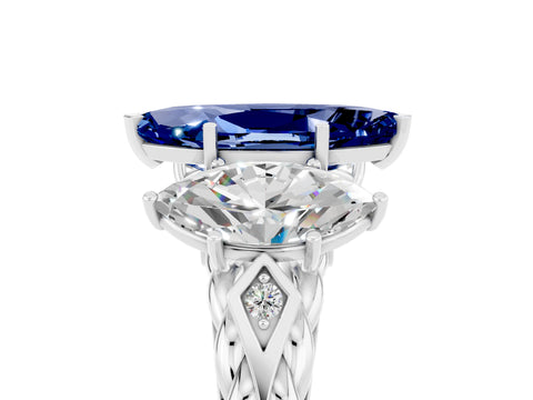 White gold Three-Stone Marquise Cut Blue Sapphire Braided Band Ring with Four-Prong Setting_17