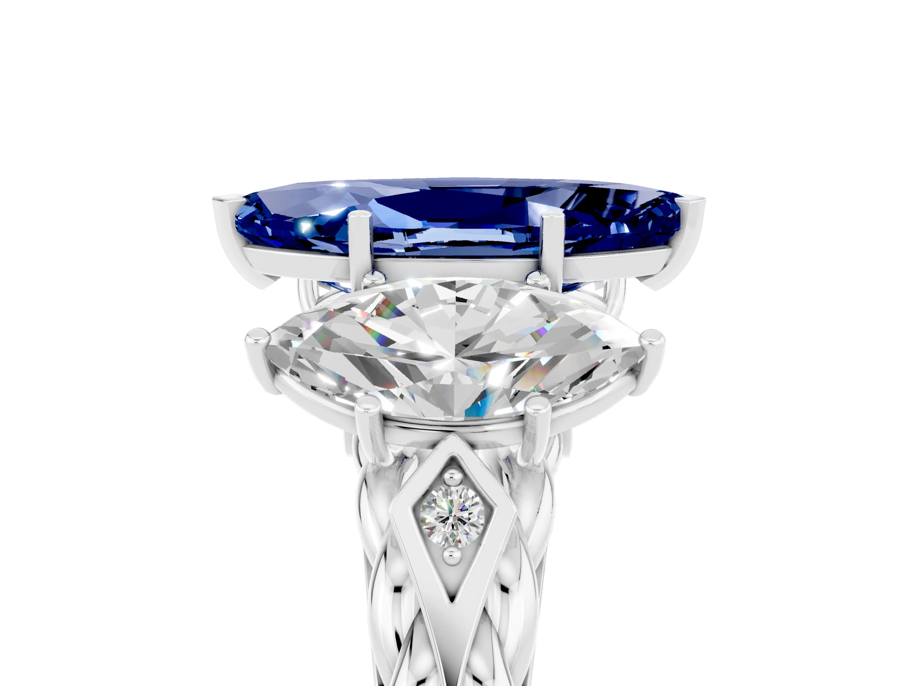 White gold Three-Stone Marquise Cut Blue Sapphire Braided Band Ring with Four-Prong Setting_17