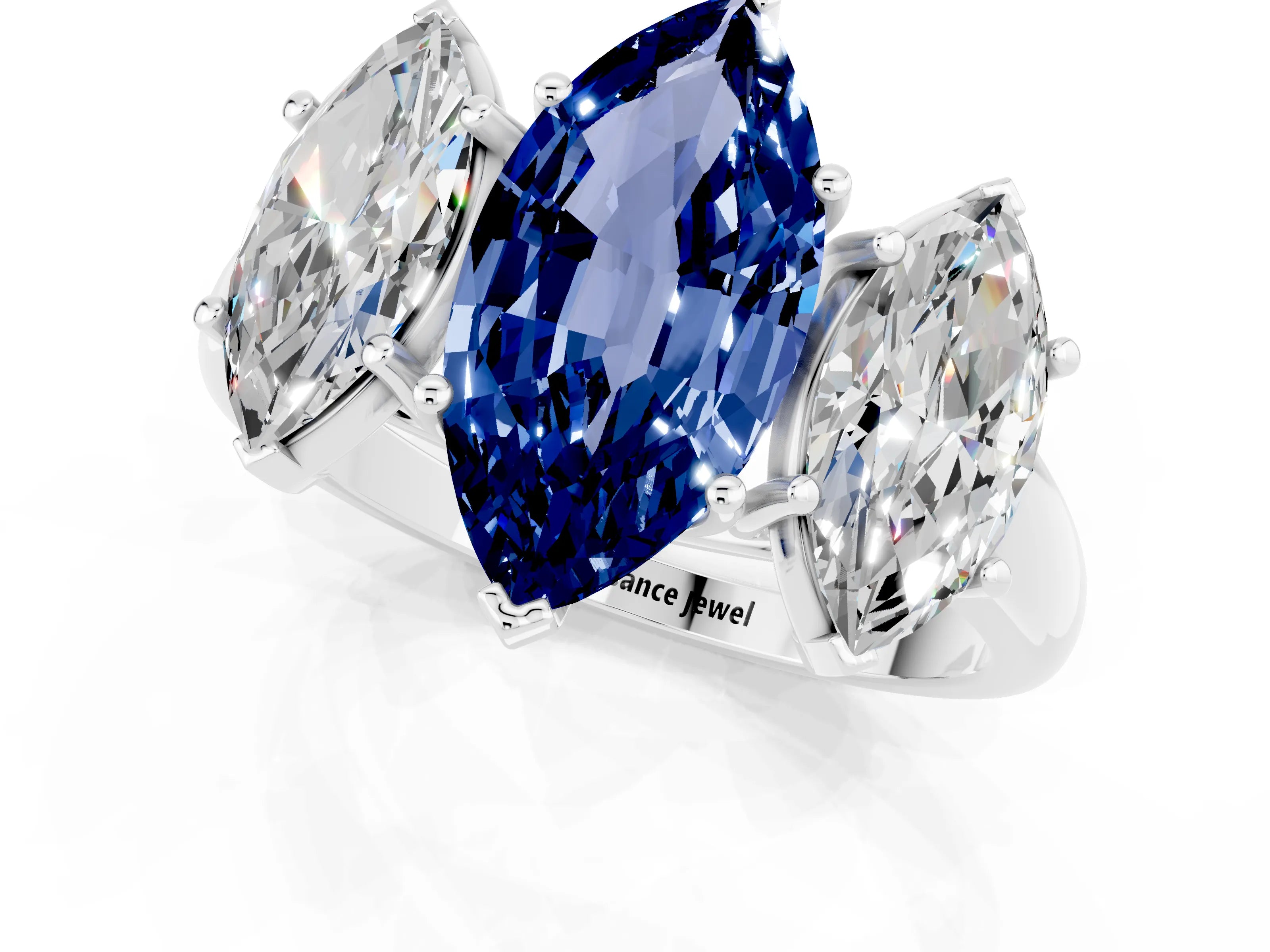 White gold Three-Stone Marquise Cut Blue Sapphire Engagement Ring with Prong Setting_1