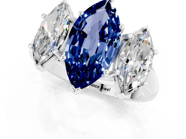 Silver Three-Stone Marquise Cut Blue Sapphire Engagement Ring with Prong Setting