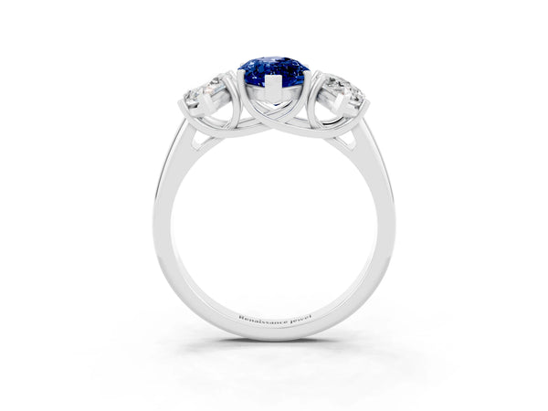 White gold Three-Stone Marquise Cut Blue Sapphire Engagement Ring with Prong Setting