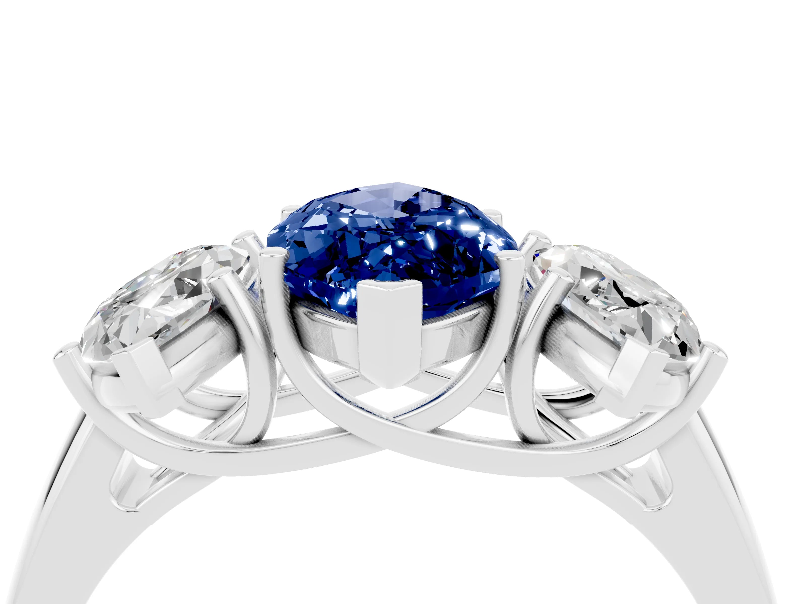 White gold Three-Stone Marquise Cut Blue Sapphire Engagement Ring with Prong Setting_4
