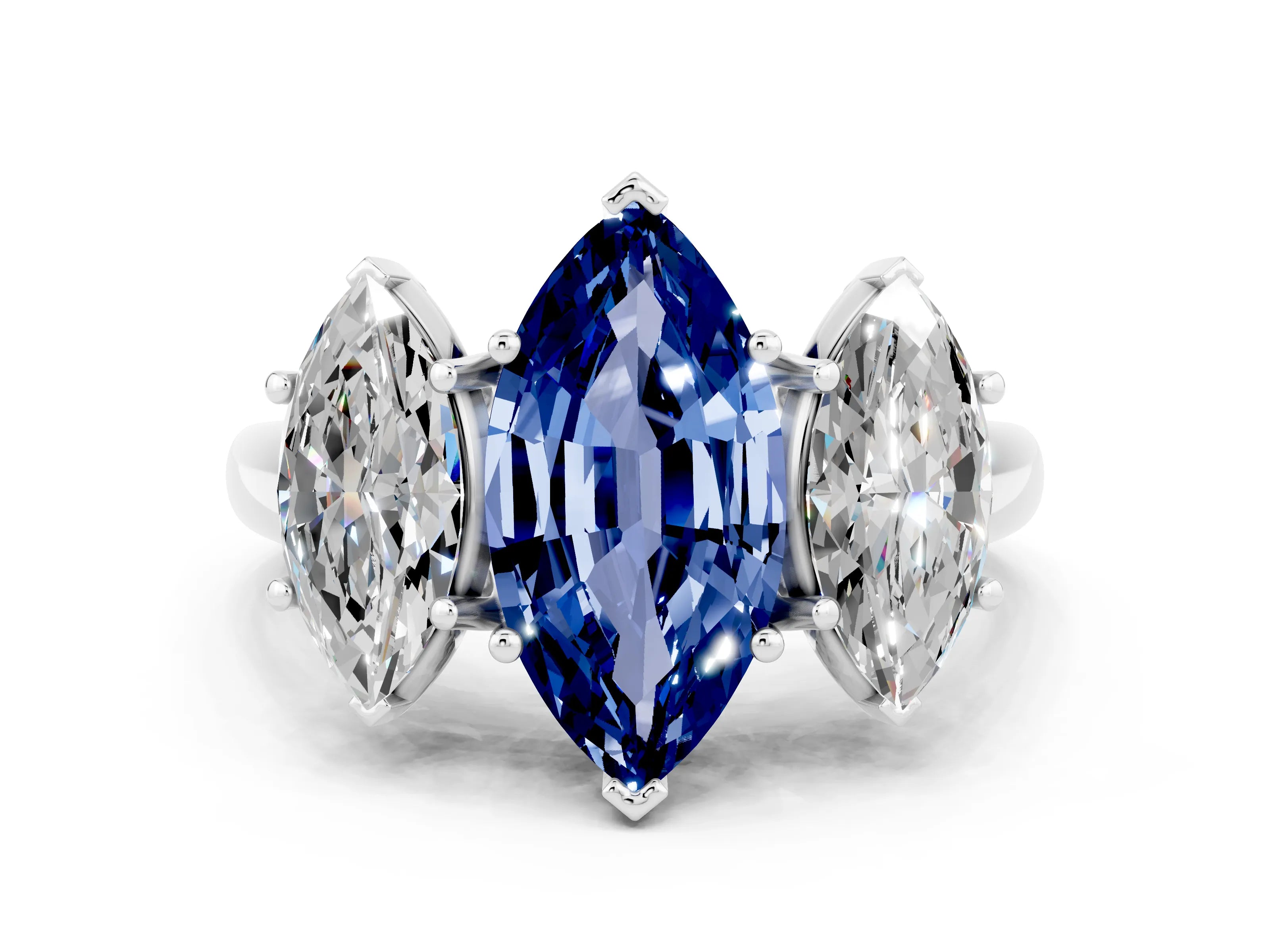 White gold Three-Stone Marquise Cut Blue Sapphire Engagement Ring with Prong Setting