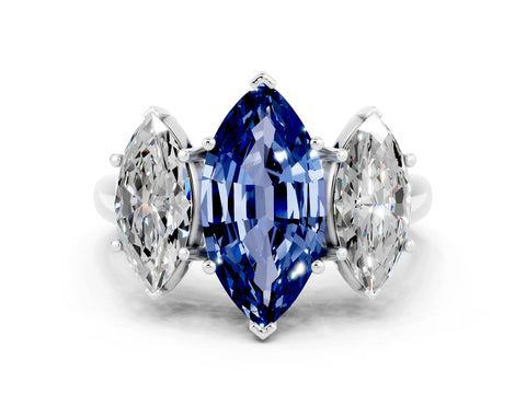 White gold Three-Stone Marquise Cut Blue Sapphire Engagement Ring with Prong Setting