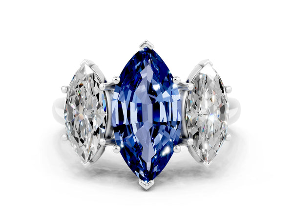 Silver Three-Stone Marquise Cut Blue Sapphire Engagement Ring with Prong Setting