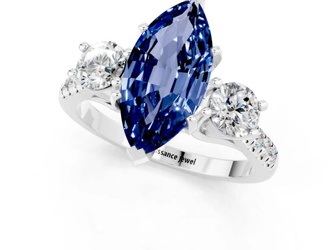 White gold Three-Stone Marquise Cut Blue Sapphire Pavé Band with Four-Prong Setting_1