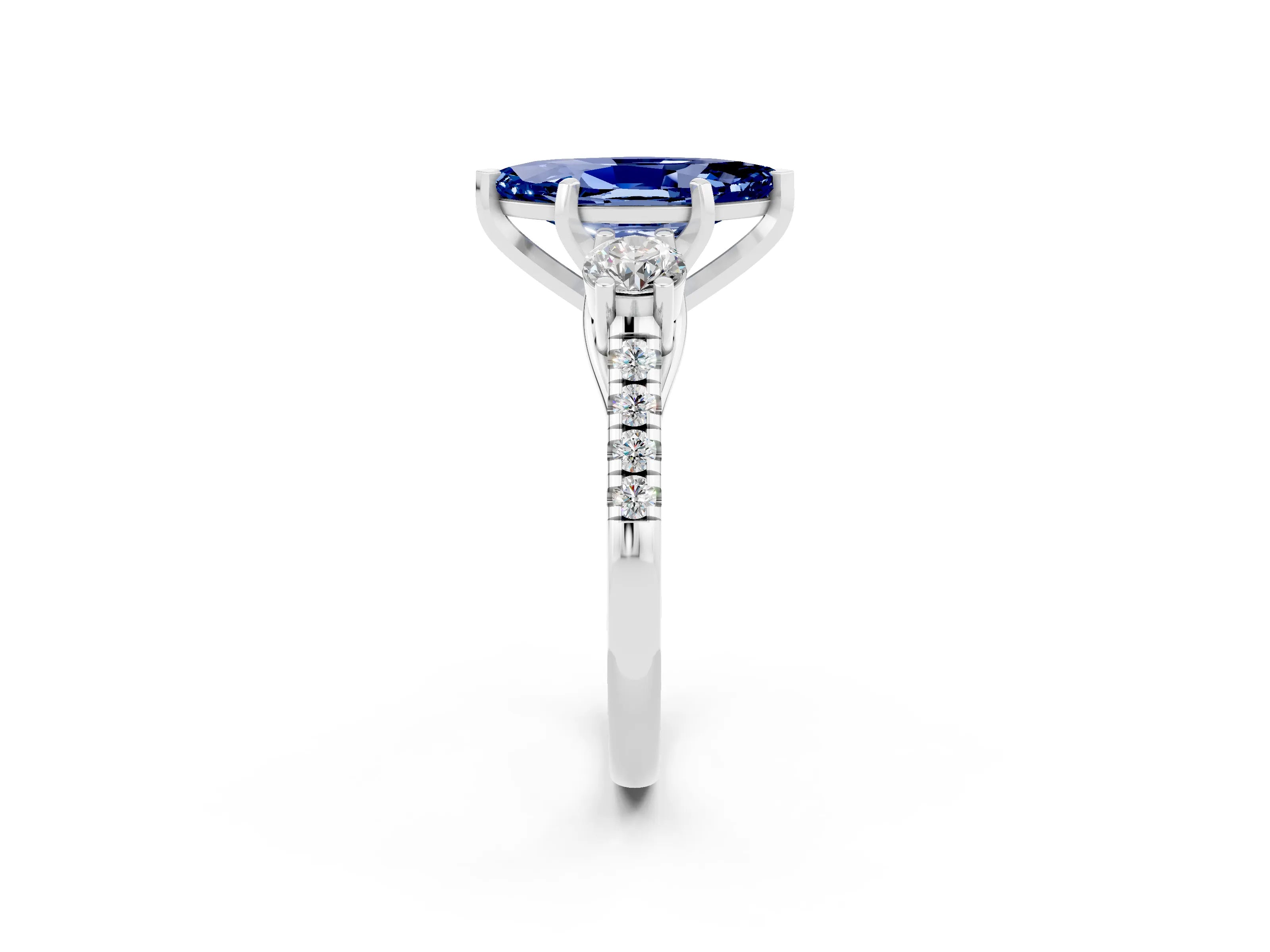 White gold Three-Stone Marquise Cut Blue Sapphire Pavé Band with Four-Prong Setting_2