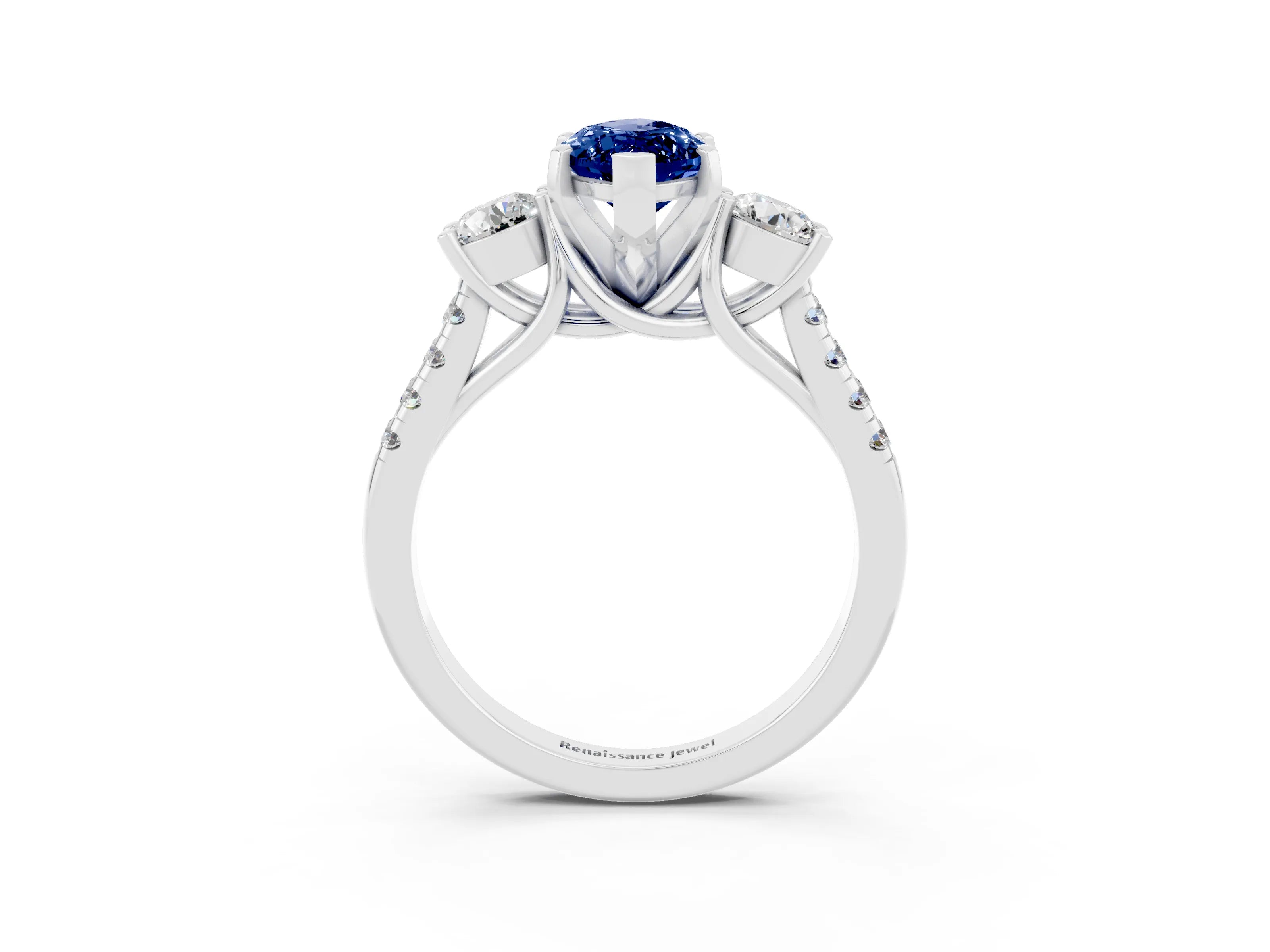 White gold Three-Stone Marquise Cut Blue Sapphire Pavé Band with Four-Prong Setting_3