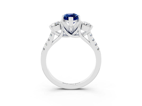 White gold Three-Stone Marquise Cut Blue Sapphire Pavé Band with Four-Prong Setting