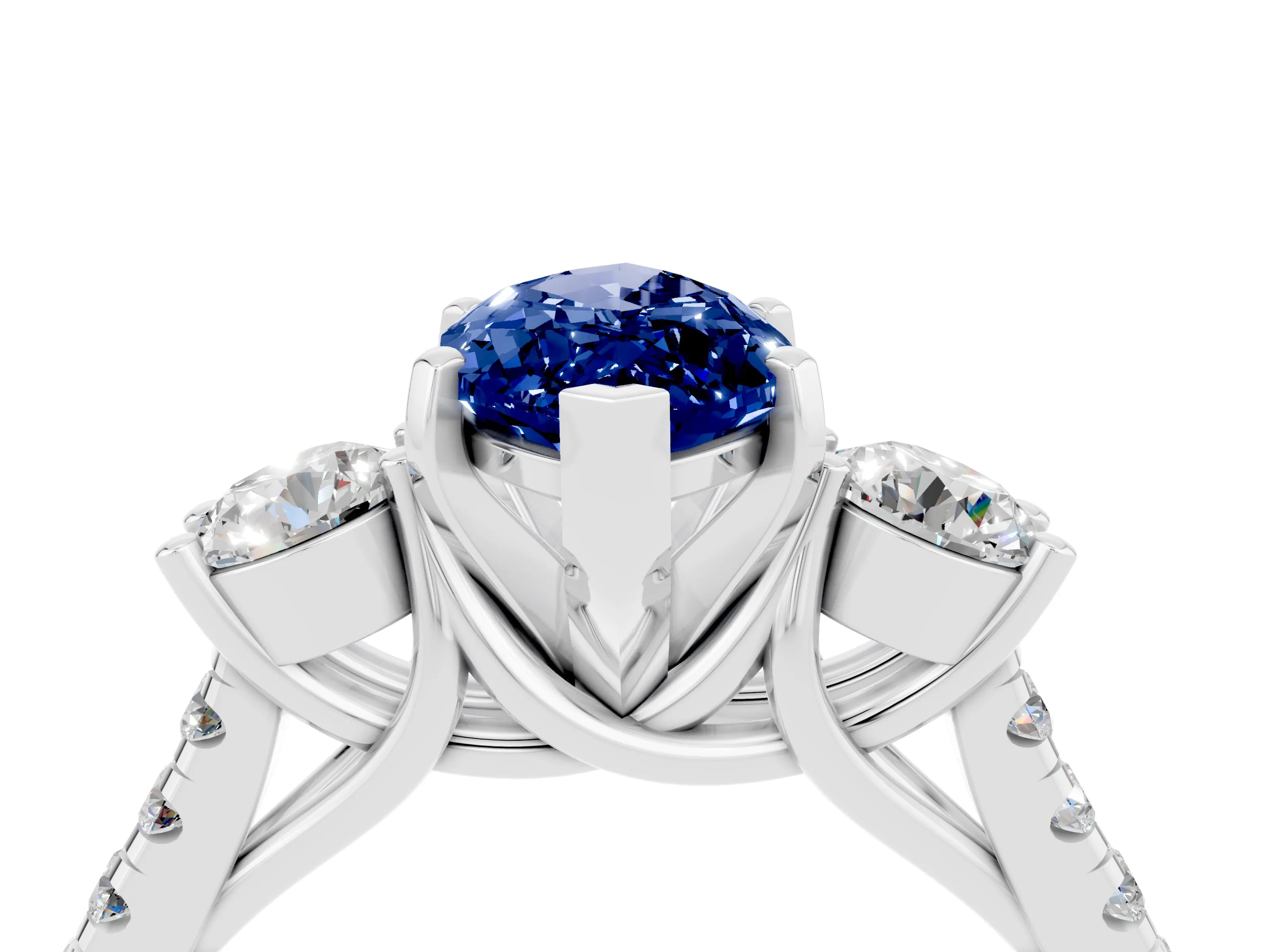 White gold Three-Stone Marquise Cut Blue Sapphire Pavé Band with Four-Prong Setting_4