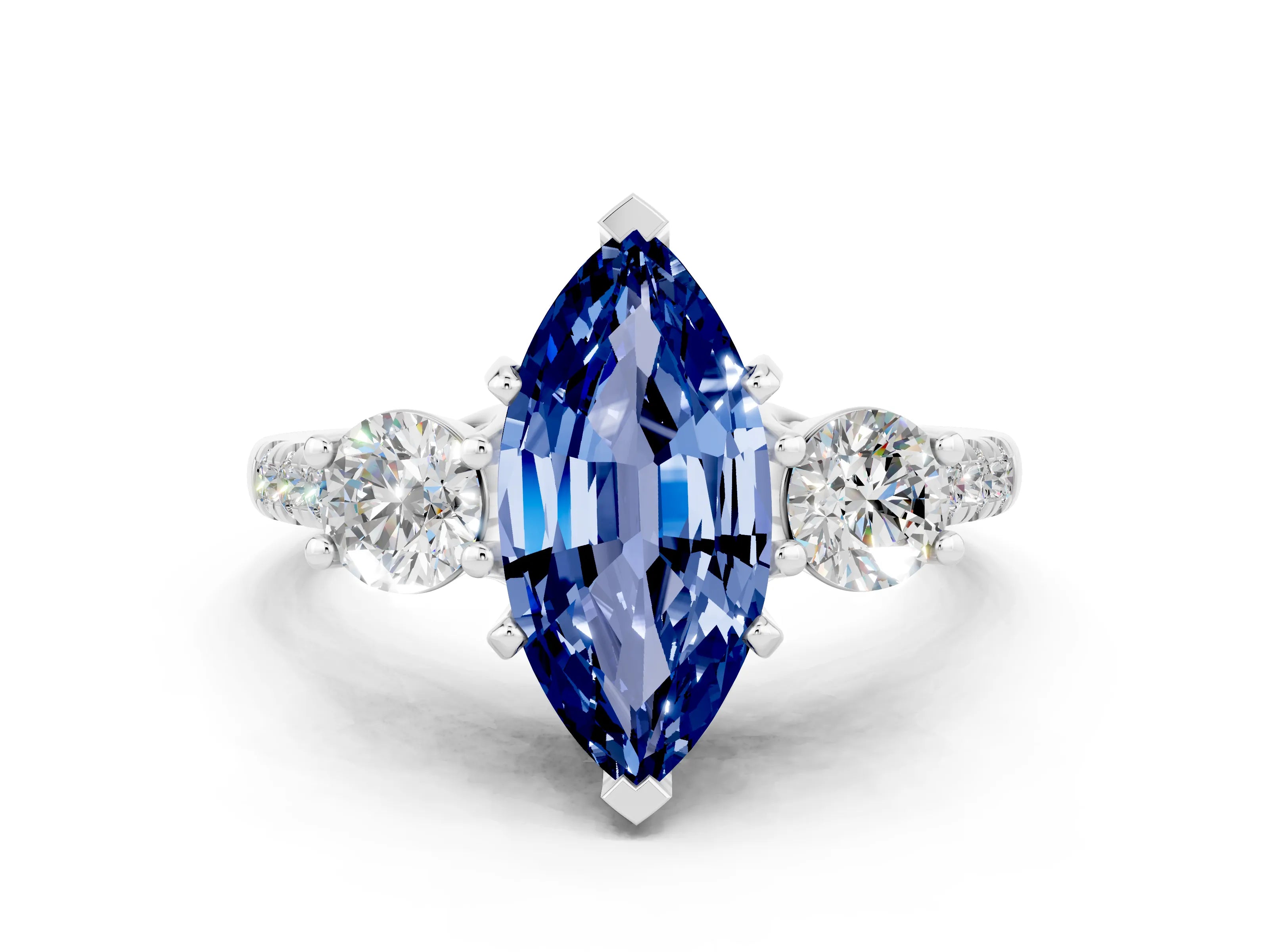 White gold Three-Stone Marquise Cut Blue Sapphire Pavé Band with Four-Prong Setting
