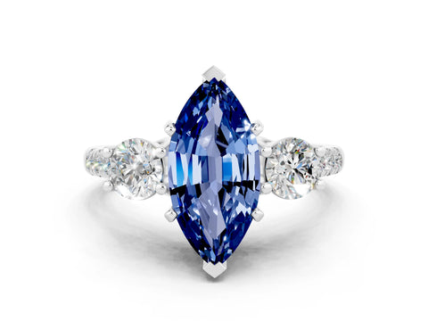 White gold Three-Stone Marquise Cut Blue Sapphire Pavé Band with Four-Prong Setting