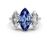 White gold Three-Stone Marquise Cut Blue Sapphire Ring with Pavé Band and Prong Setting_12