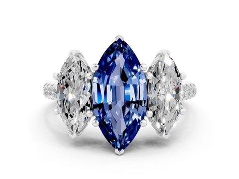 White gold Three-Stone Marquise Cut Blue Sapphire Ring with Pavé Band and Prong Setting_12