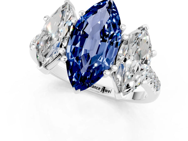 White gold Three-Stone Marquise Cut Blue Sapphire Ring with Round  Pavé Band and Prong Setting