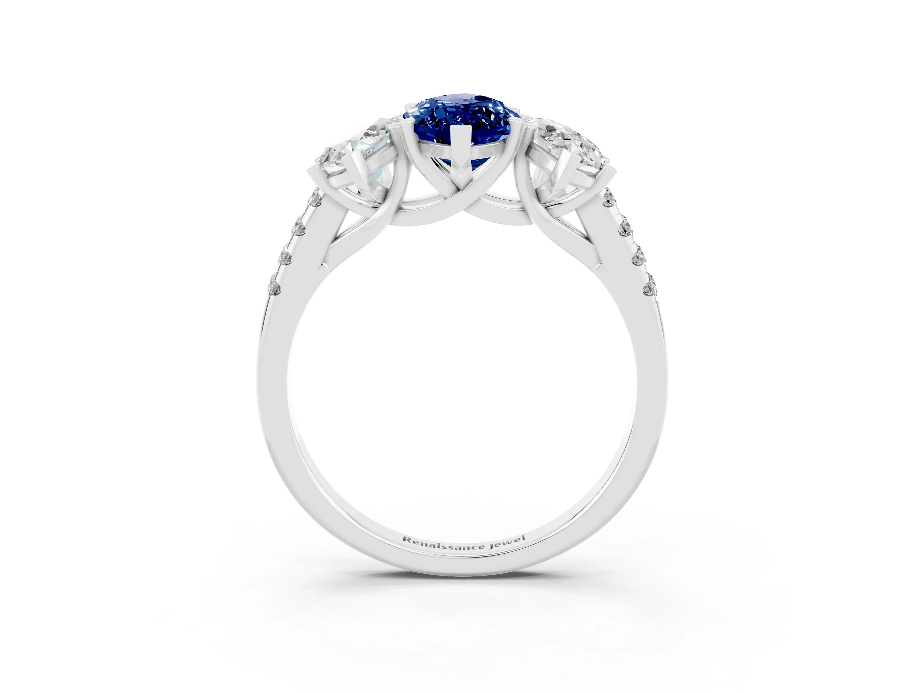 White gold Three-Stone Marquise Cut Blue Sapphire Ring with Pavé Band and Prong Setting_15