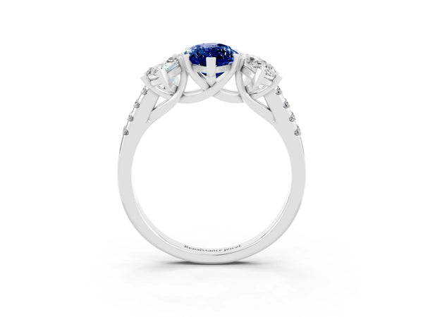 Silver Three-Stone Marquise Cut Blue Sapphire Ring with Round  Pavé Band and Prong Setting