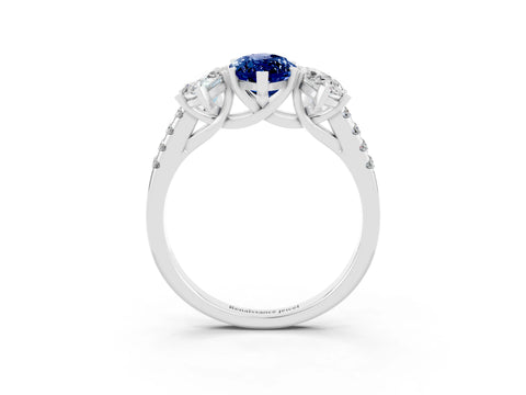 White gold Three-Stone Marquise Cut Blue Sapphire Ring with Pavé Band and Prong Setting_15