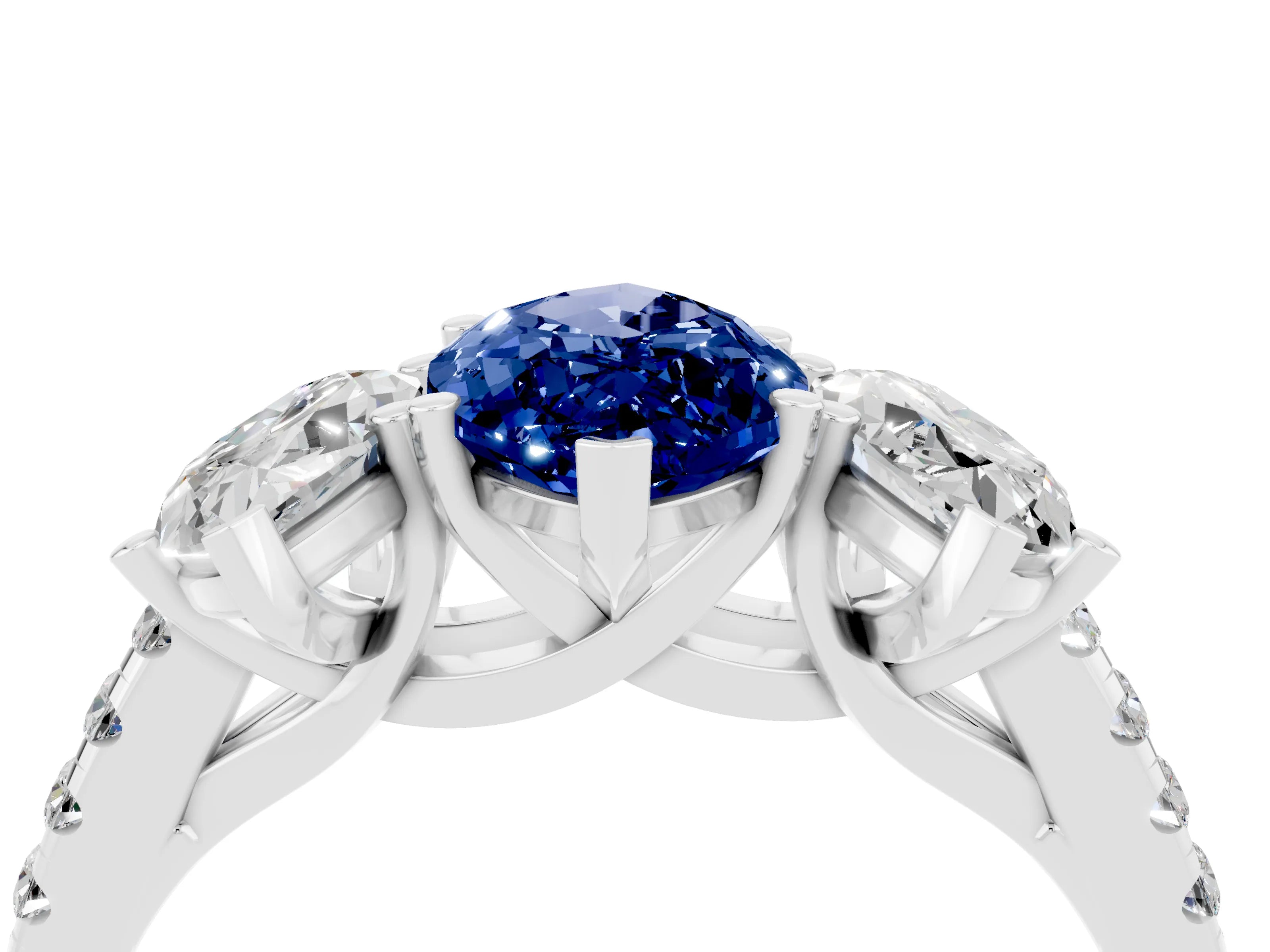 White gold Three-Stone Marquise Cut Blue Sapphire Ring with Pavé Band and Prong Setting_16