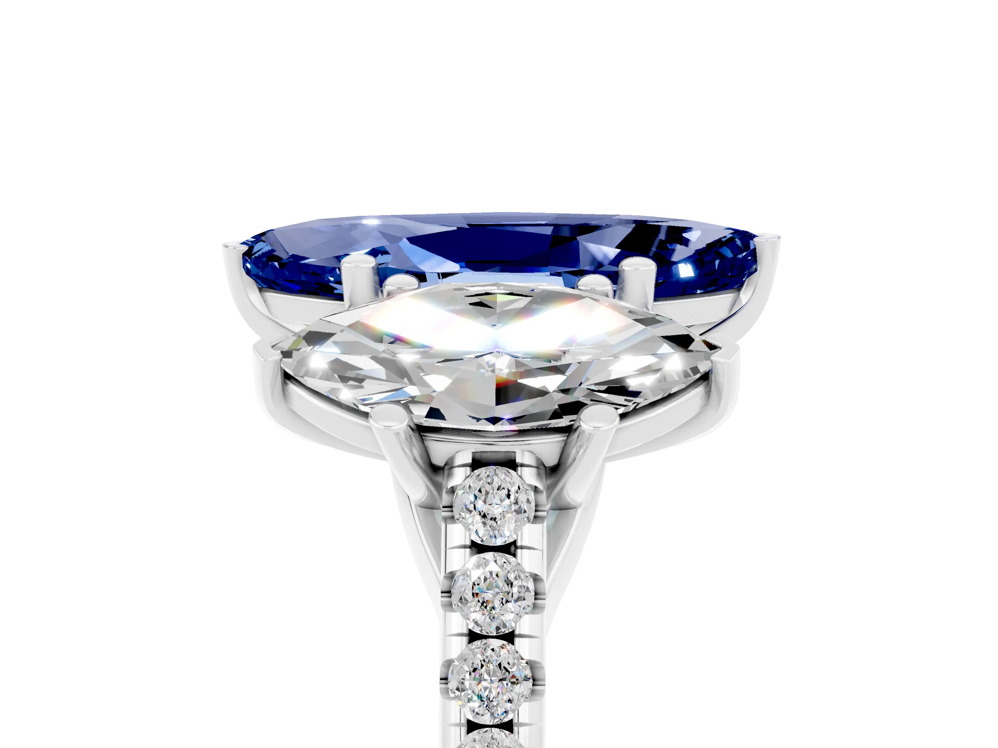 White gold Three-Stone Marquise Cut Blue Sapphire Ring with Pavé Band and Prong Setting_17