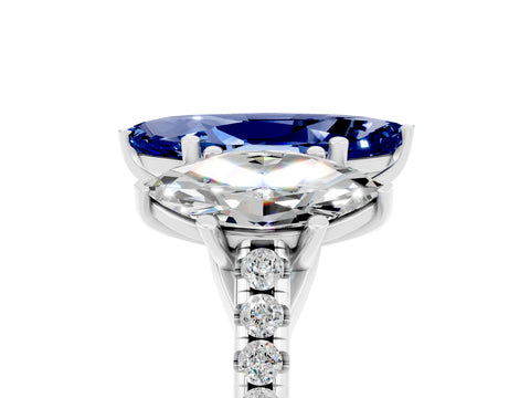 White gold Three-Stone Marquise Cut Blue Sapphire Ring with Pavé Band and Prong Setting_17