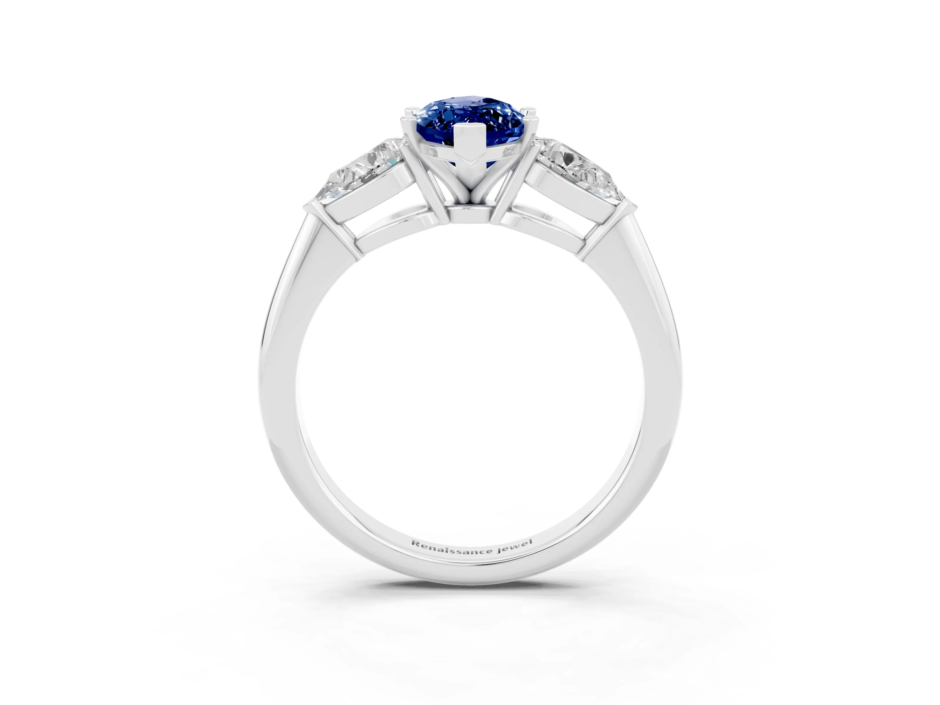 White gold Three-Stone Marquise Cut Blue Sapphire Ring with Pear Side Stones and Four-Prong Setting_3