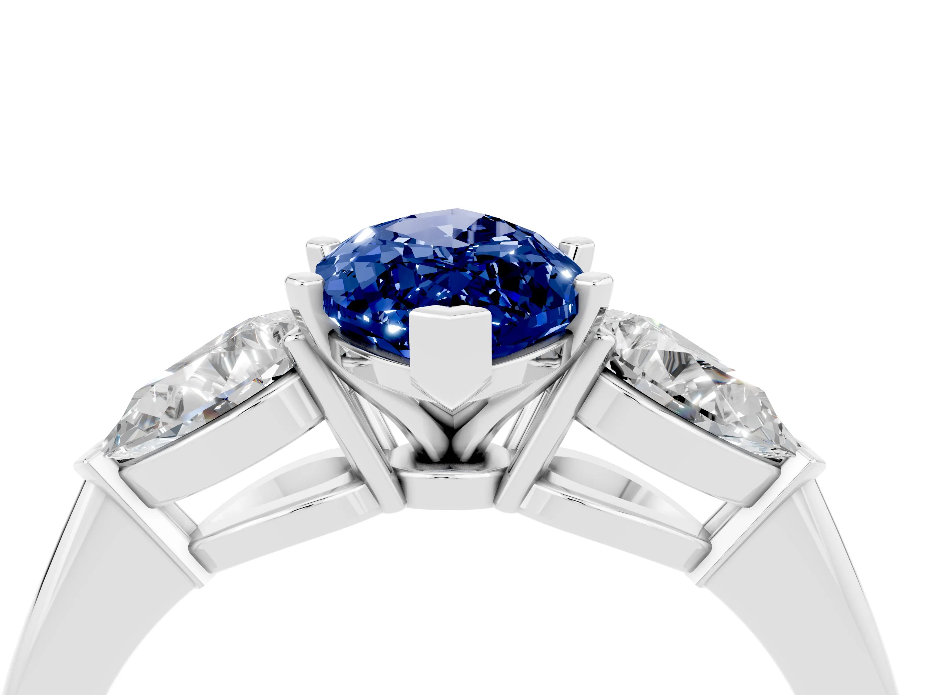 White gold Three-Stone Marquise Cut Blue Sapphire Ring with Pear Side Stones and Four-Prong Setting_4