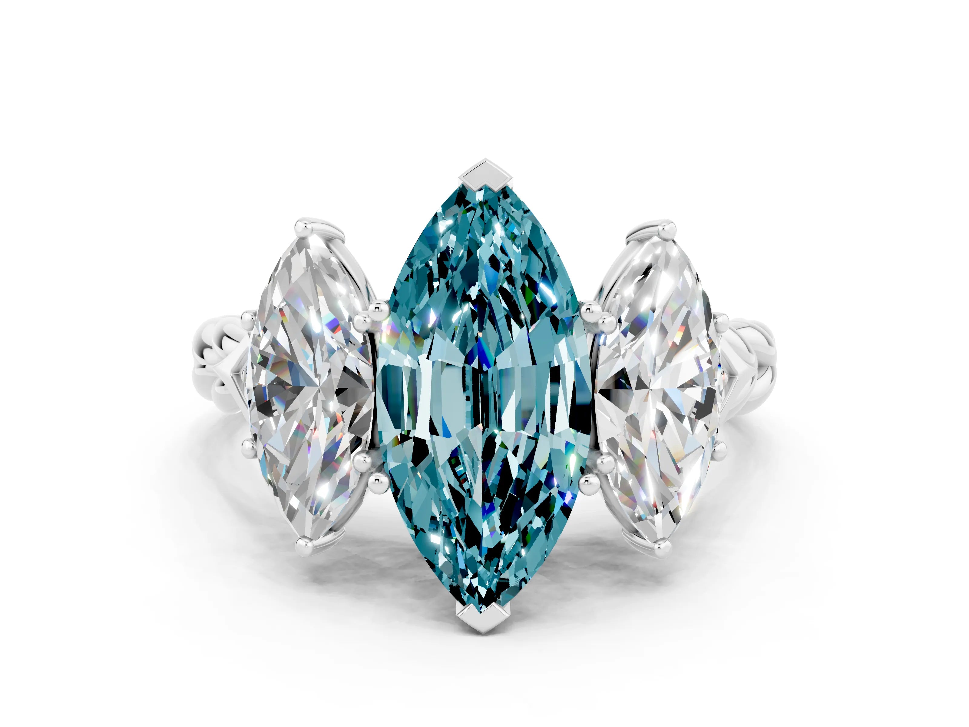 White gold Three-Stone Marquise Cut Blue Topaz Braided Band Ring with Four-Prong Setting_12