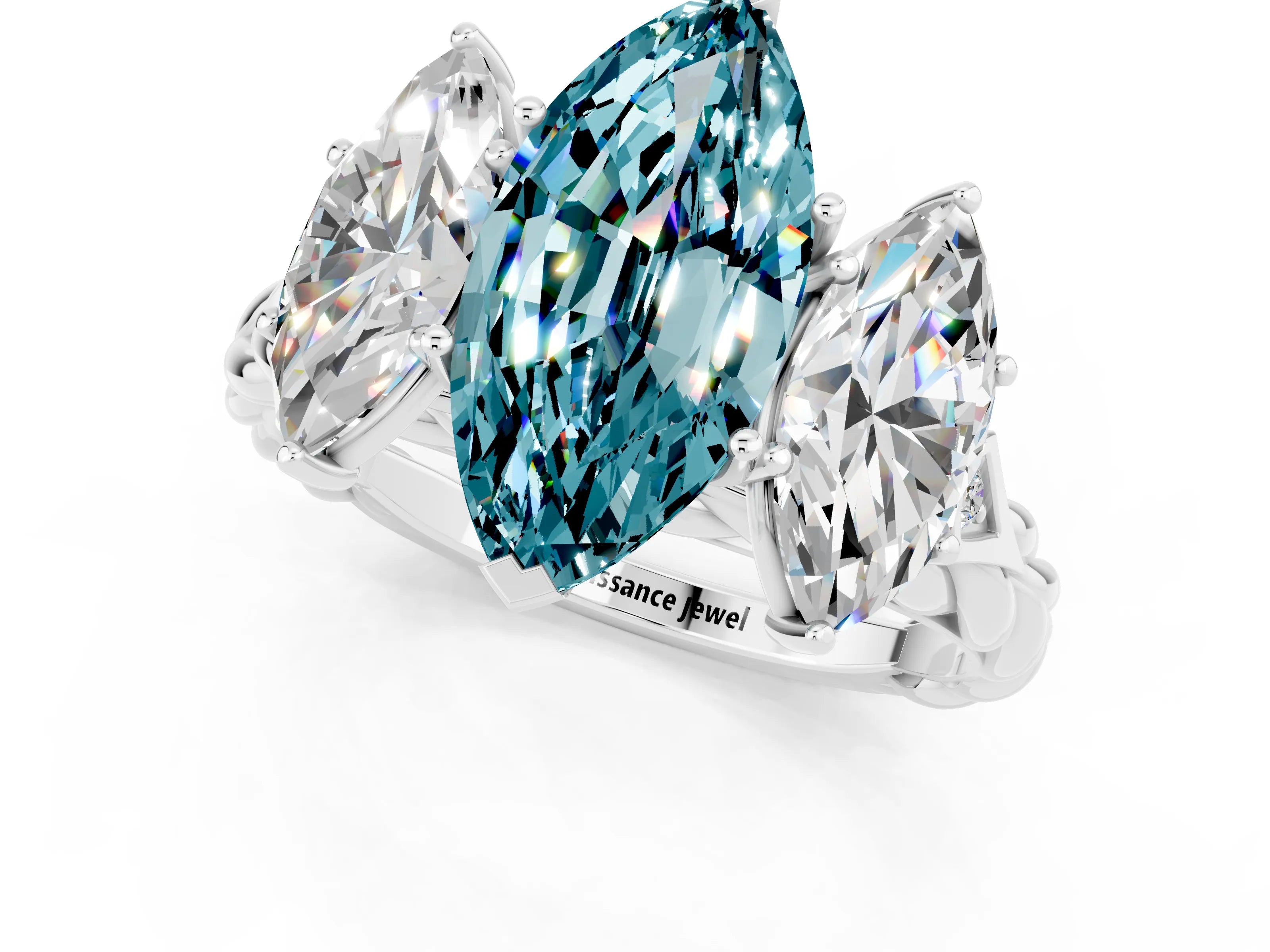 White gold Three-Stone Marquise Cut Blue Topaz Braided Band Ring with Four-Prong Setting_13