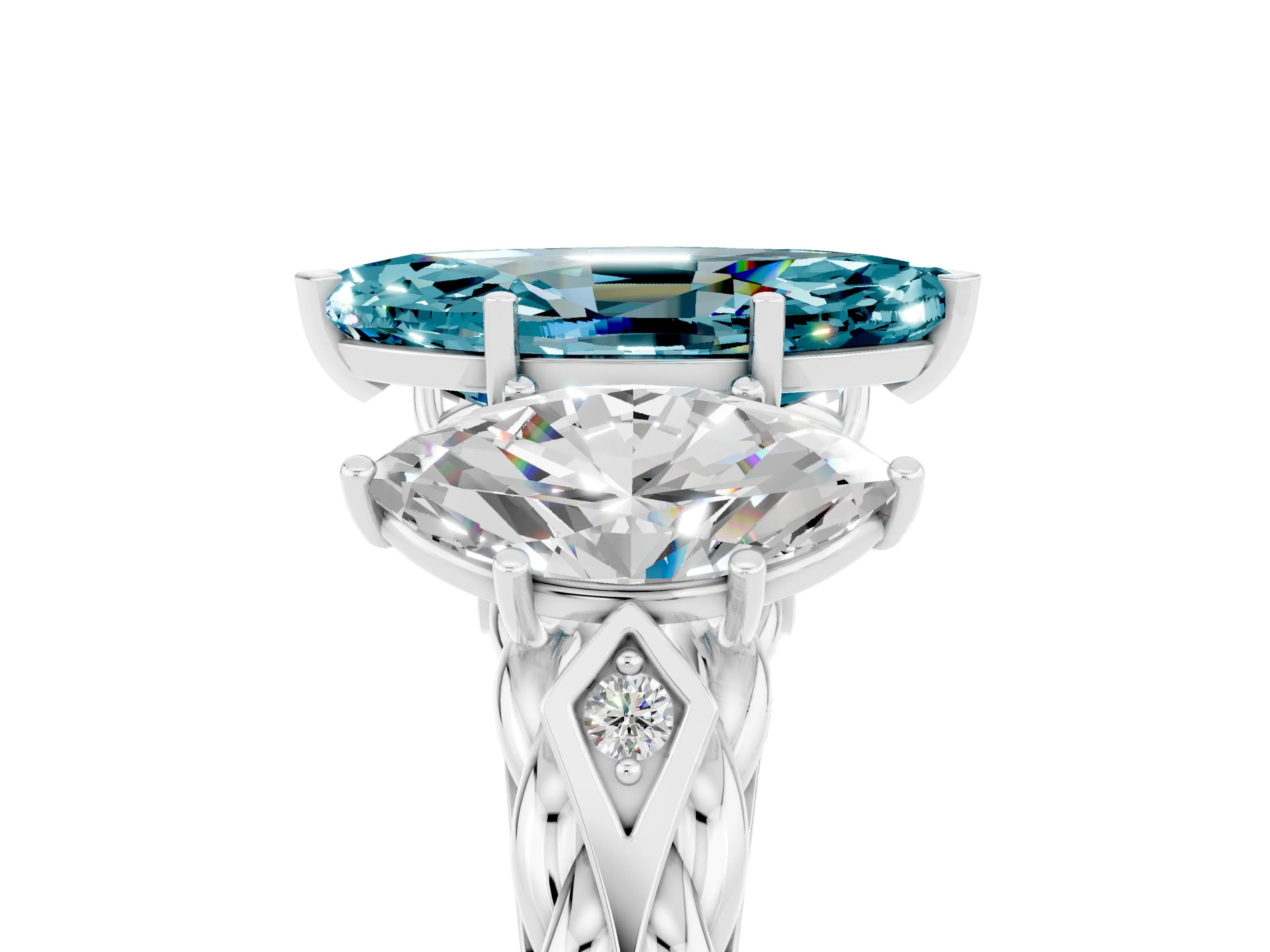 White gold Three-Stone Marquise Cut Blue Topaz Braided Band Ring with Four-Prong Setting_17