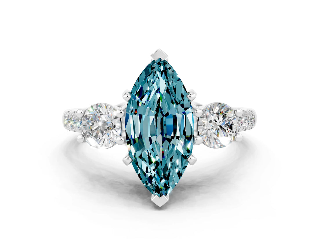 White gold Three-Stone Marquise Cut Blue Topaz Pavé Band with Four-Prong Setting