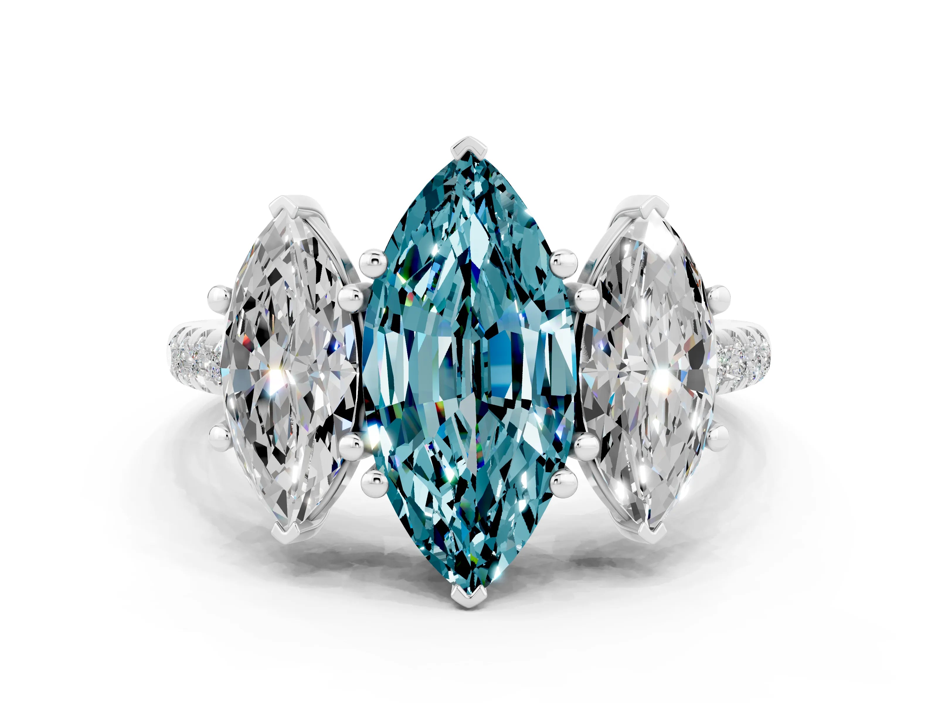 White gold Three-Stone Marquise Cut Blue Topaz Ring with Pavé Band and Prong Setting_12