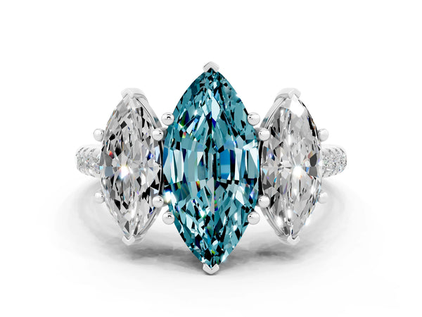 White gold Three-Stone Marquise Cut Blue Topaz Ring with Round  Pavé Band and Prong Setting