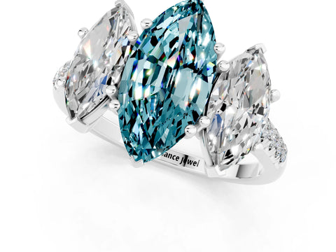 White gold Three-Stone Marquise Cut Blue Topaz Ring with Pavé Band and Prong Setting_13
