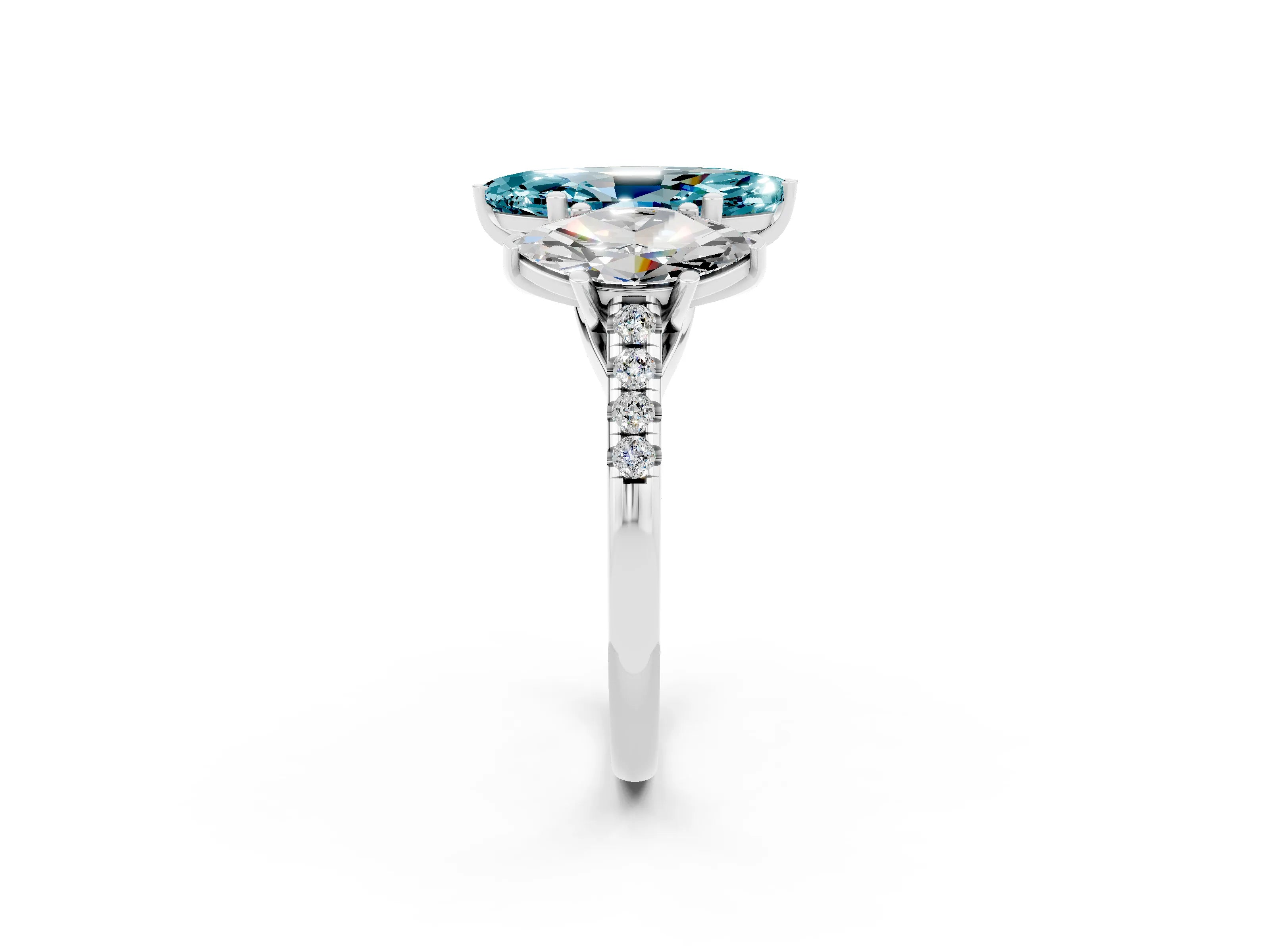 White gold Three-Stone Marquise Cut Blue Topaz Ring with Pavé Band and Prong Setting_14