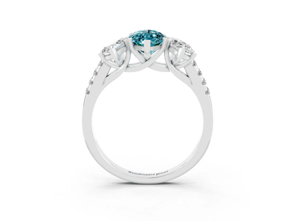 Silver Three-Stone Marquise Cut Blue Topaz Ring with Round  Pavé Band and Prong Setting