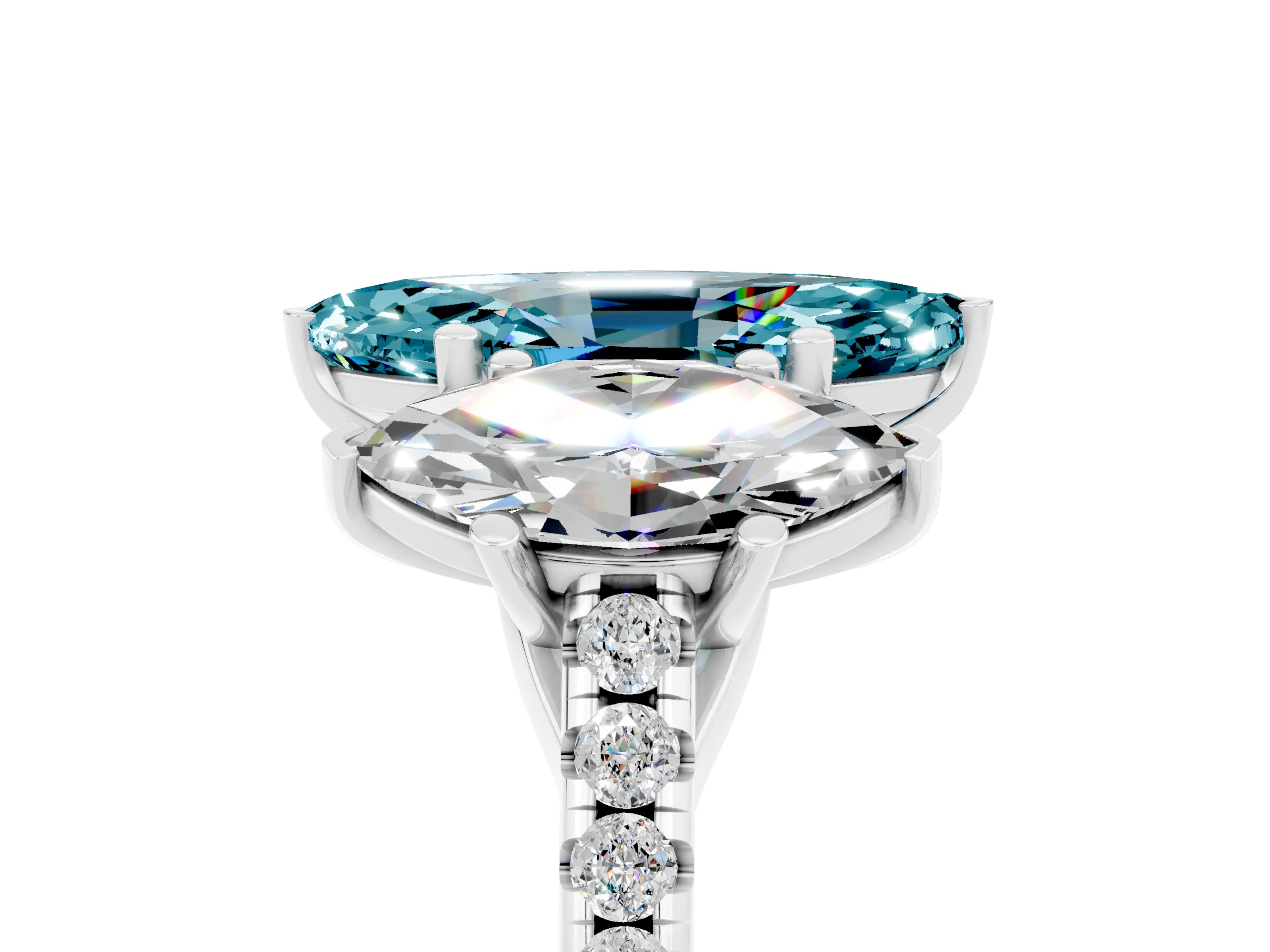 White gold Three-Stone Marquise Cut Blue Topaz Ring with Pavé Band and Prong Setting_17