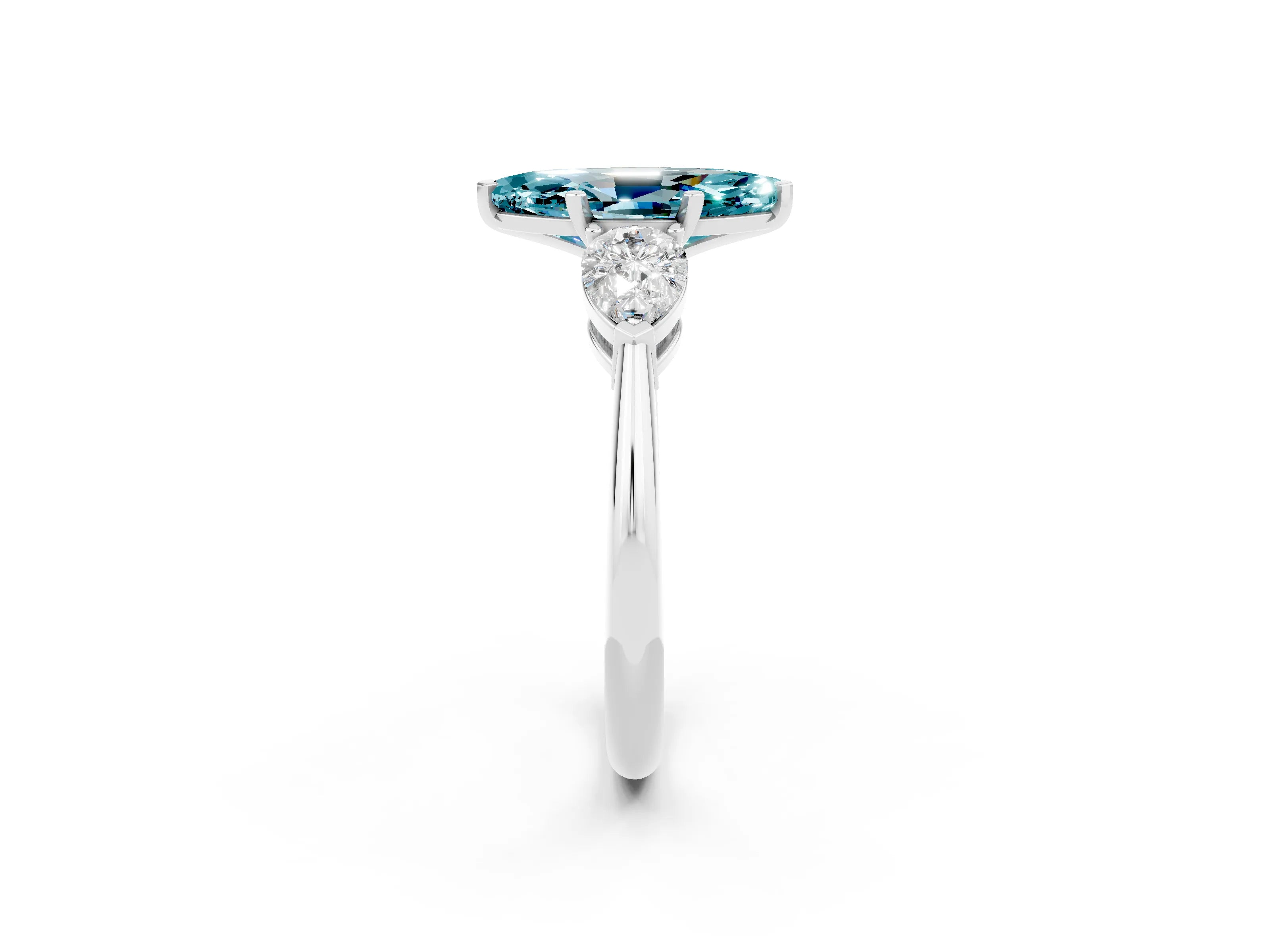 White gold Three-Stone Marquise Cut Blue Topaz Ring with Pear Side Stones and Four-Prong Setting_2