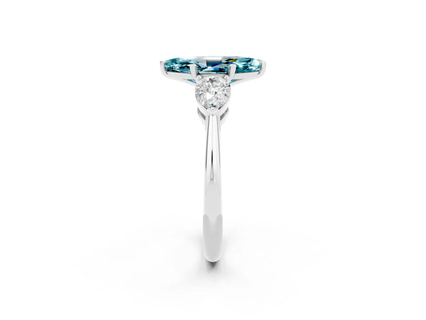 White gold Three-Stone Marquise Cut Blue Topaz Ring with Pear Side Stones and Four-Prong Setting