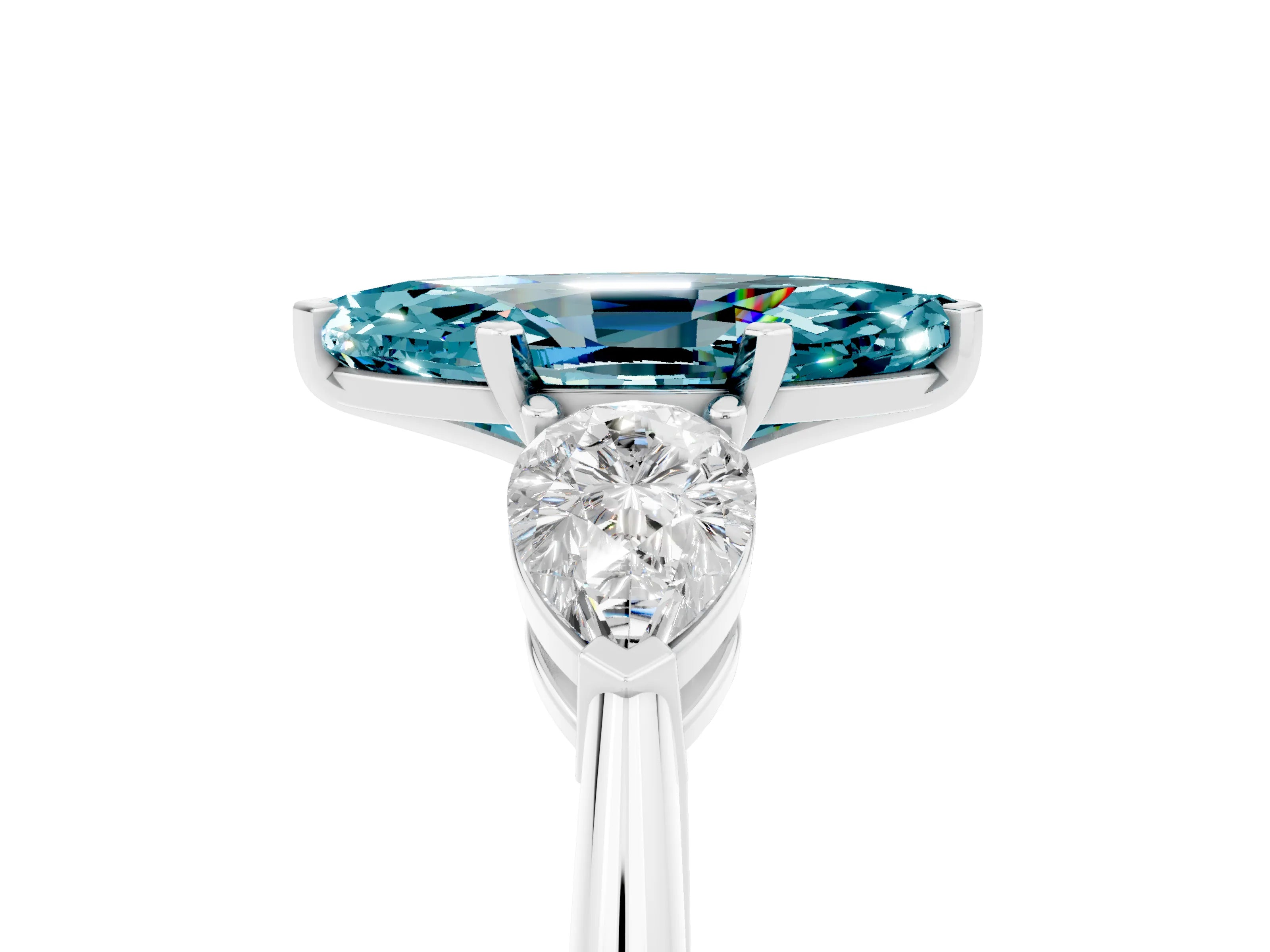 White gold Three-Stone Marquise Cut Blue Topaz Ring with Pear Side Stones and Four-Prong Setting_5