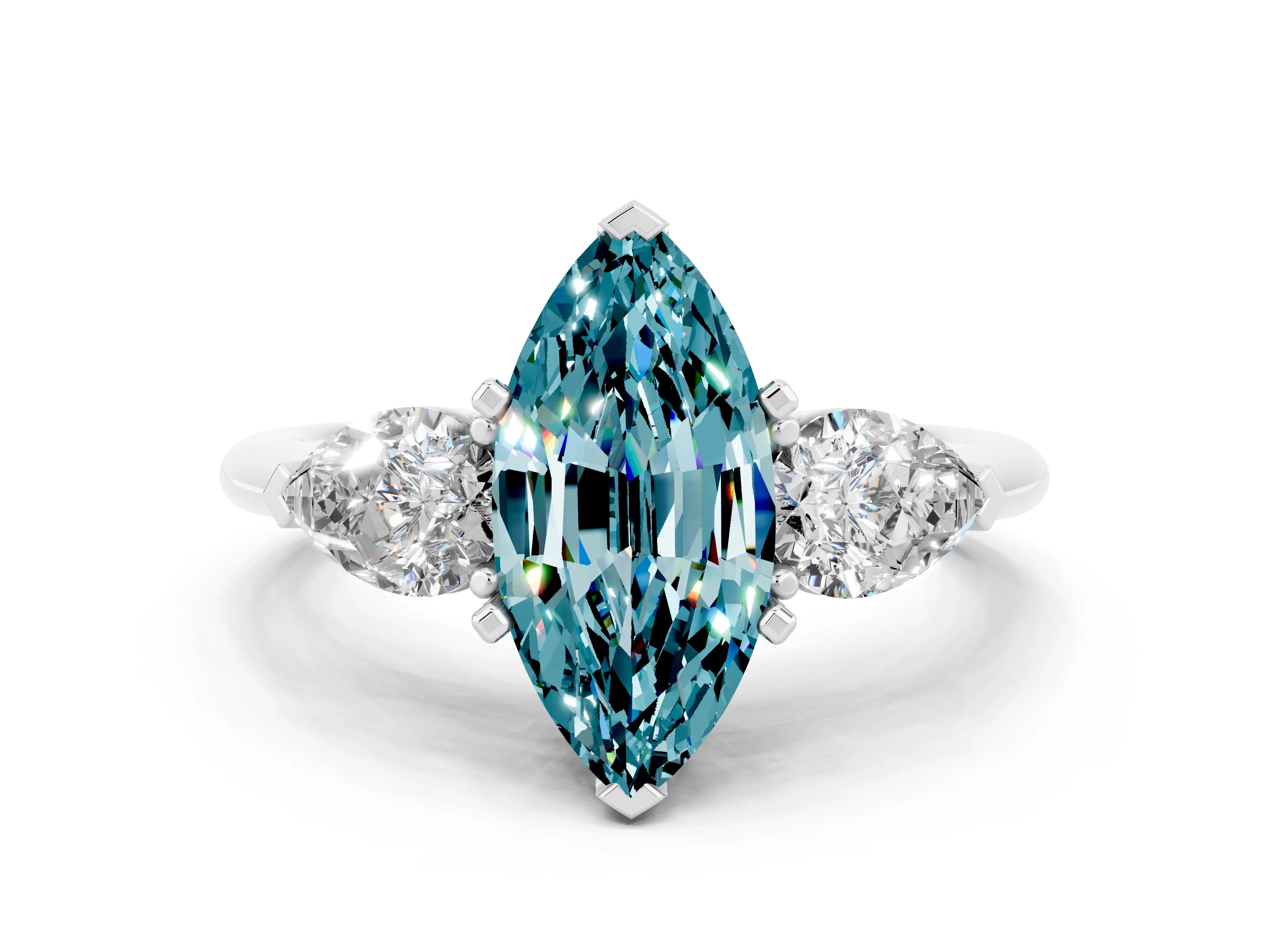 White gold Three-Stone Marquise Cut Blue Topaz Ring with Pear Side Stones and Four-Prong Setting