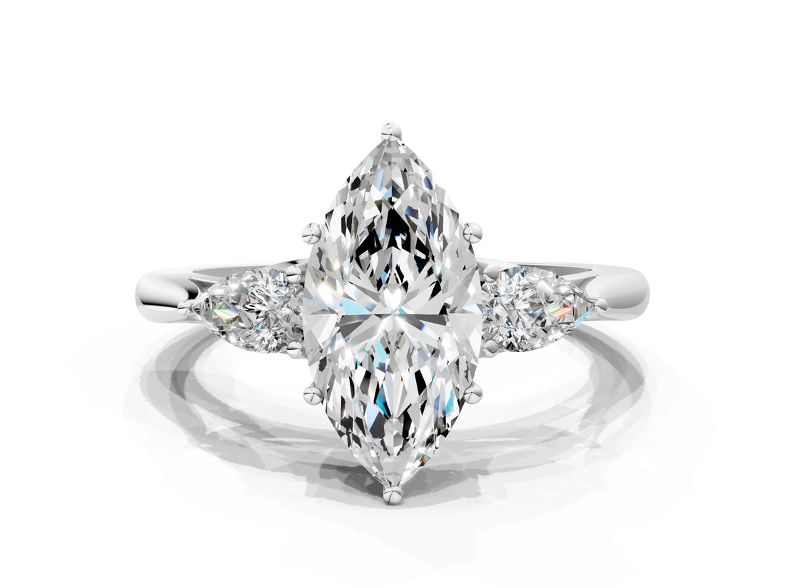 White gold Three-Stone Marquise Cut Brilliant Diamond Solitaire Ring with Tapered Band and Four-Prong Setting_13
