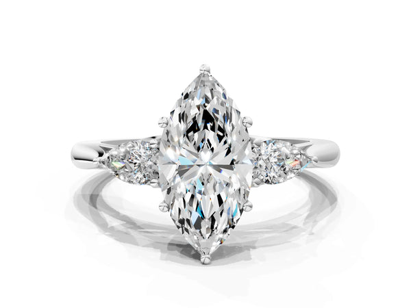 White gold Three-Stone Marquise Cut Brilliant Diamond Solitaire Ring with Tapered Band and Four-Prong Setting