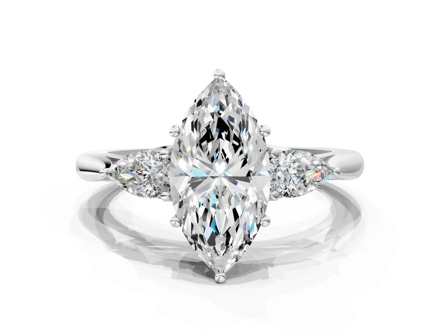 White gold Three-Stone Marquise Cut Brilliant Diamond Solitaire Ring with Tapered Band and Four-Prong Setting