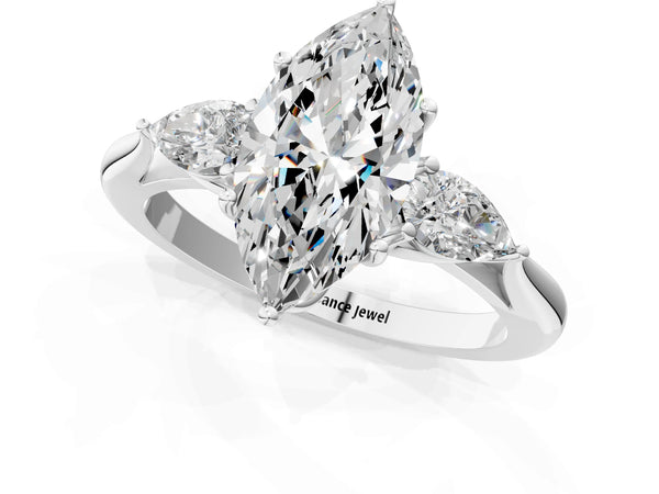 White gold Three-Stone Marquise Cut Brilliant Diamond Solitaire Ring with Tapered Band and Four-Prong Setting