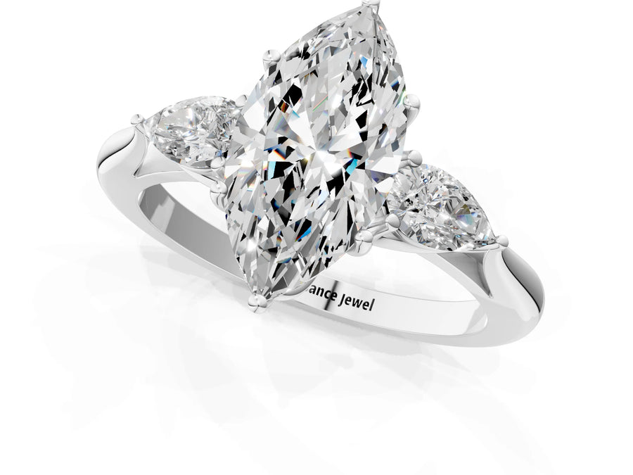 White gold Three-Stone Marquise Cut Brilliant Diamond Solitaire Ring with Tapered Band and Four-Prong Setting